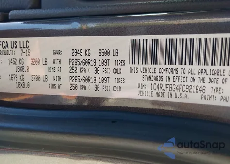 2015 Jeep Grand Cherokee Limited z USA, uszkodzony, nr VIN 1C4RJFBG4FC921646